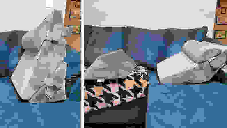 A gray Lunix LX8 Orthopedic Pillow Set on top of a blue suede couch.
