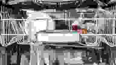 A close-up of the Bosch logo on the middle rack of the 800 Series SHP78CM5N dishwasher