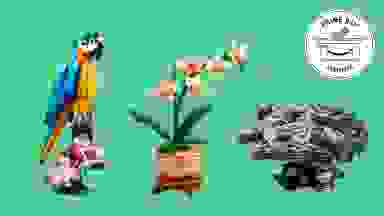 Three different LEGO playsets on a green background