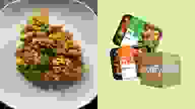 Left: plated dish of chicken, rice, and veggies. Right: Modify Health packages on green background