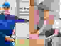 A professional worker with a cardboard box next to a woman working on her closet.