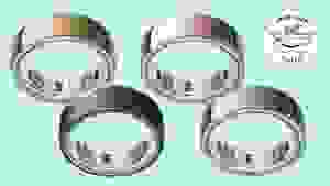 Oura rings in front of a mint background