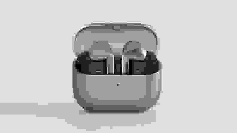 The Samsung Galaxy Buds3 Pro earbuds inside of its charging case with the lid open.