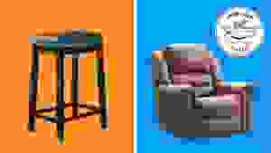 Black barstool and brown recliner in front of orange and blue background