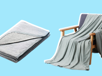 On left, folded blanket. On right, blanket draped over armchair.