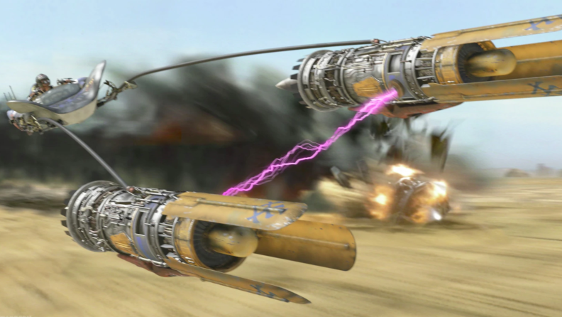 Podracer flying over desert with explosion in background
