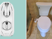 The Luxe Neo 320 Bidet in close up and attached to a toilet.
