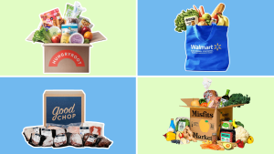 Four different bags and boxes of groceries on a green and blue background.