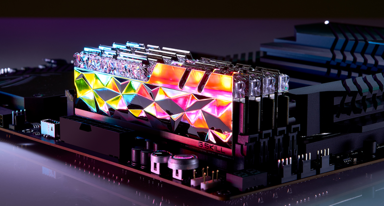 A shot of bejeweled DDR5 RAM with crystals on top of it.