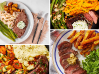 Four images of a steak dinner on a dinner plate.