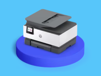An image of an HP OfficeJet Pro printer on a blue plinth on a paler blue background.