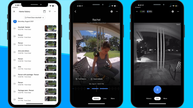 Three smartphones with screenshots from the Google Home app.