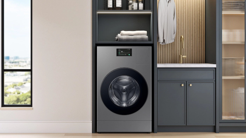The Samsung WD90F53AVS in a laundry nook.