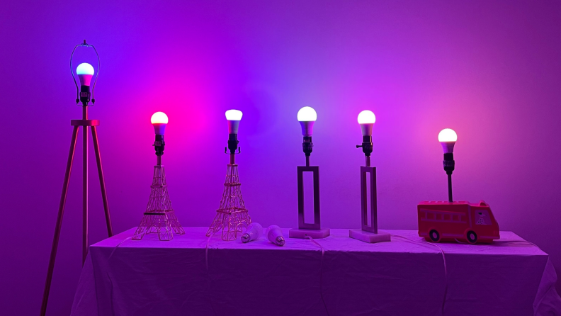 Smart bulbs turned on to a variety of different colors