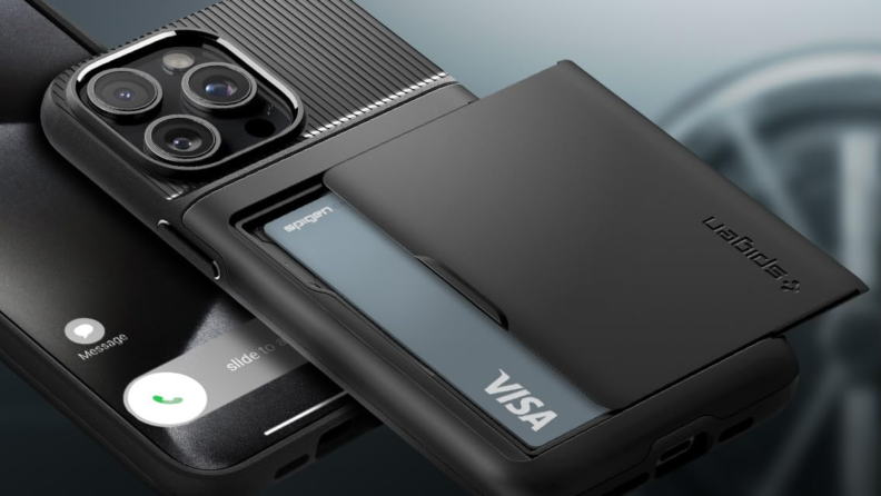 The Spigen Slim Armor is our top pick among rugged iPhone 15 Pro Max cases. Here, a wallet compartment is slid open to reveal a Visa debit card stored within.