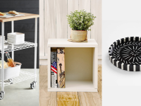 Three images of a bar cart, storage cube, and circular dish.