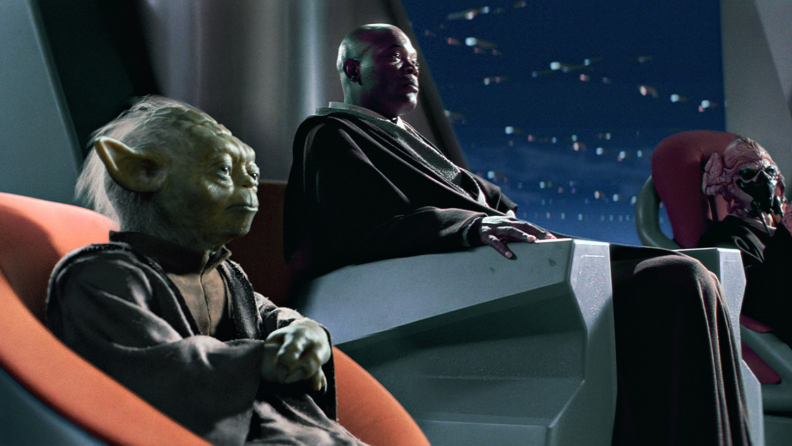 Yoda sitting in chair with Jedi High Council